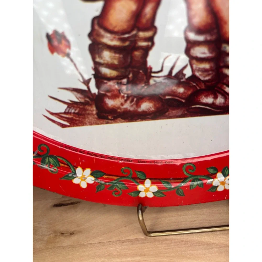 Vintage Giftco Hummel Style Metal Serving Tray Red Floral Boy Girl Umbrella 13in